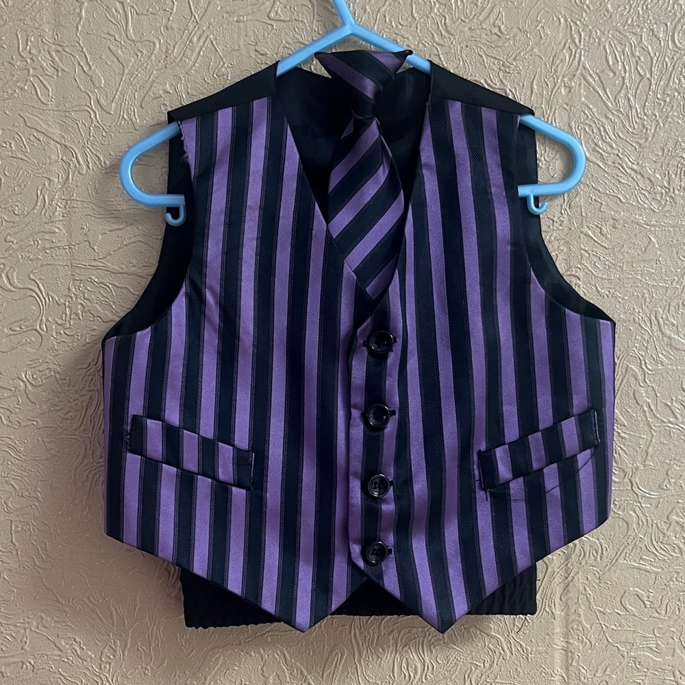 Purple and Black Striped Vest with Tie & Pants